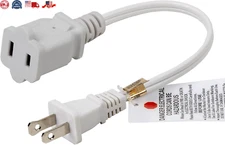 White Short 1-Foot 1FT Polarized US 2-Prong Male-Female Extension Power Cord ...