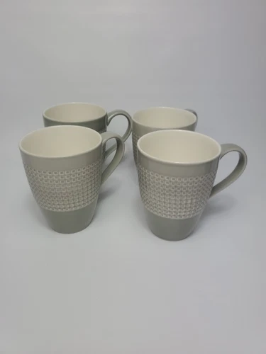 Set of 4 Mikasa Crisscross Grey Stoneware Coffee Mug Cup