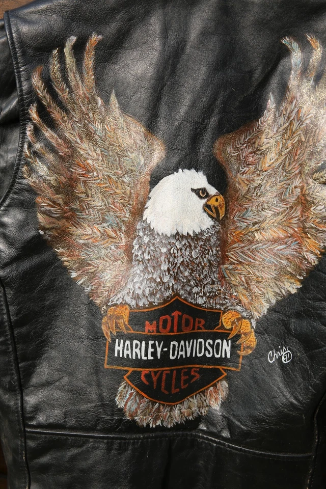 Chaqueta de cuero para motocicleta Harley Davidson vintage motociclista pintada a mano águila negra Foto 2 de 4