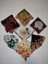 Vintage Ladies Hankies Lot Of 7 Floral Scalloped -Edge Earth Tone Handkerchiefs
