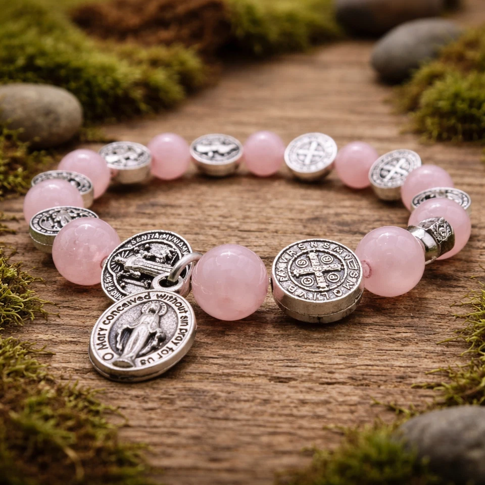 Handmade Catholic Religious bracelet Rosary Prayer Beads Quartz Miraculous Medal - Image 1 of 4