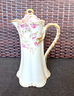 Antique Haviland & Co Limoges France Chocolate Pot Pink Roses Floral Gold