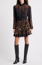 New FARM Rio Garden Silhouette Long Sleeve Dress In Black Size M $320