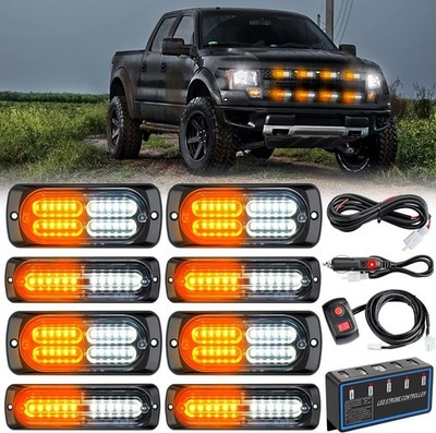 8 PCS LED Strobe Lights Sync Feature Amber White LED Hazard Warning Lights