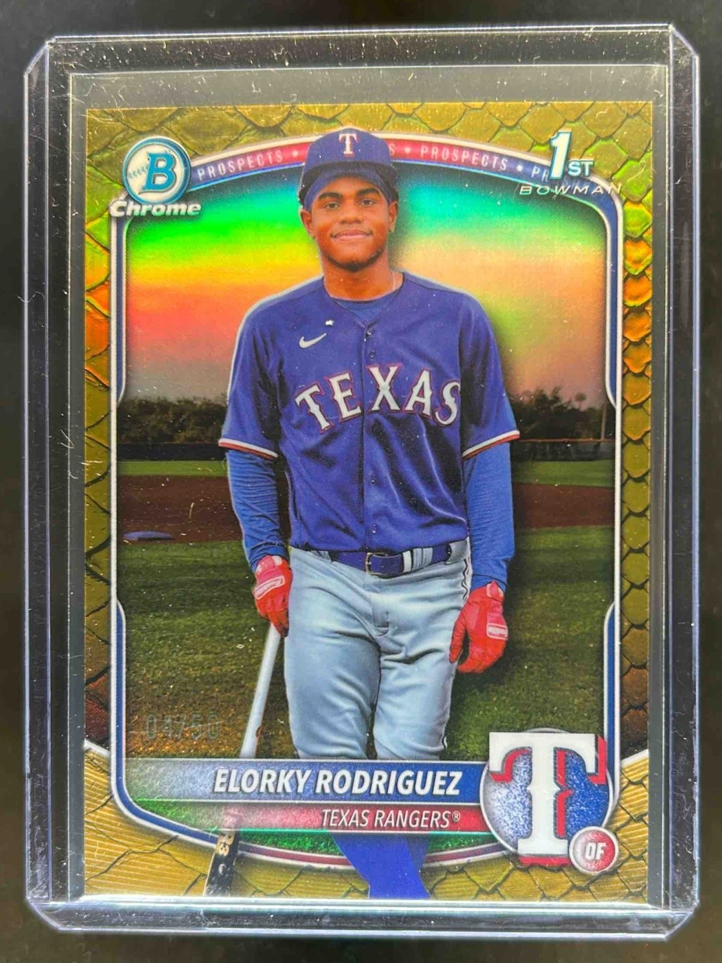 2025 Bowman Chrome Elorky Rodriguez Reptilian Gold Refractor 1st Prospect #/50