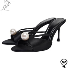 Women Pearl Peep Toe Thin High Heels Slippers Sandals Shoes Summer Party Mules