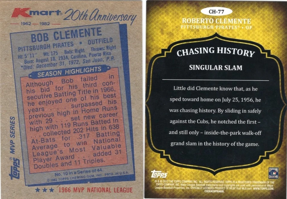 Roberto Clemente Lot of 2 1982 Kmart / 2013 Topps Chasing History #CH-77 - Image 2 of 2