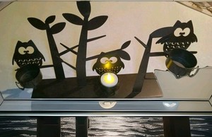  TRIO of OWLS METAL TEALIGHT CANDLE HOLDER CABIN RUSTIC WOODLAND AMBIANCE  