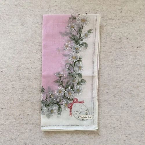 Mouchoir Christian Dior coton 47 cm 18" carré fleur blanc rose