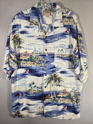 L.B.D. Shirt Mens Large Blue Hawaiian Aloha Rayon Sailboat Tropical Button Up