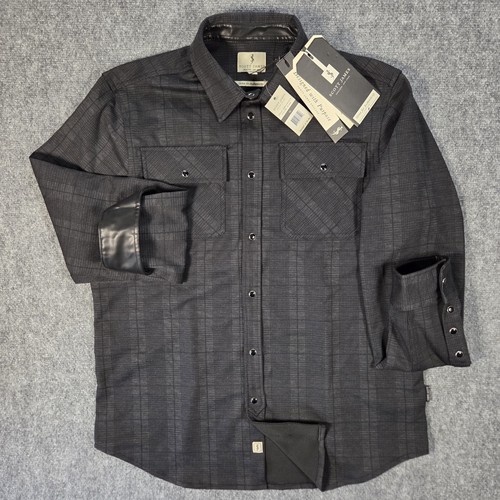 NWT Scott James Mens Medium Heavy Shirt Black Gray Plaid Pearl Snap Button Down