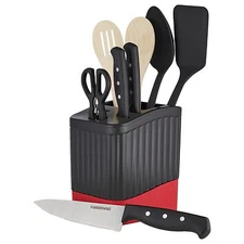 Farberware 9-Piece Starter Kitchen Cutlery and Tools Set with Crock Black & Red 