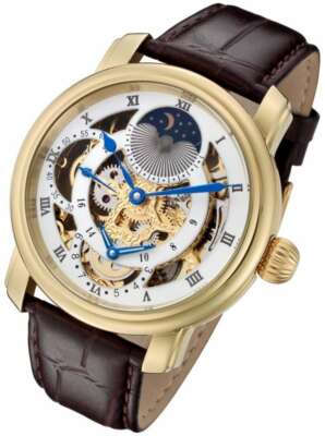 Rougois Gold Case Dual Time Zone Watch with White Accents and Moonphase Dial