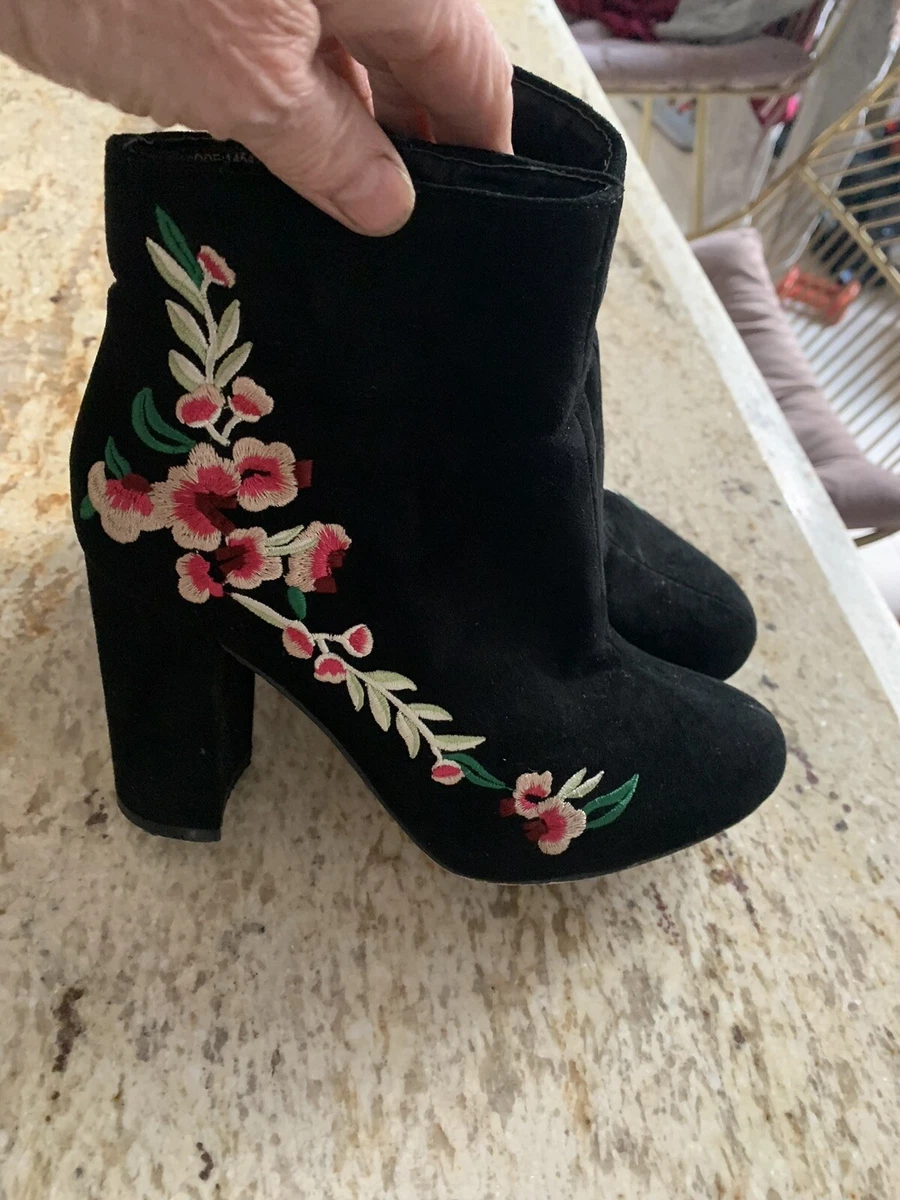 Primark black faux suede vegan embroidered ankle boots size 3 36
