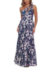 Betsy  Adam Womens Metallic-Floral One-Shoulder Gown Formal Dress Navy Silver 2