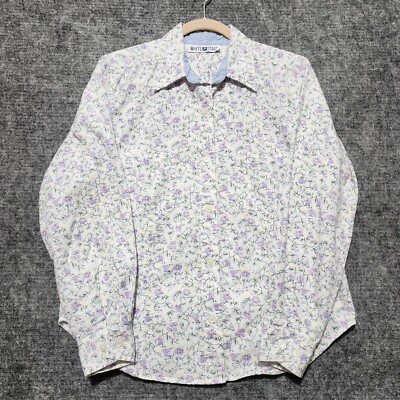 White Stag Shirt Womens Medium White Purple Flower Button Up Dress Shirt