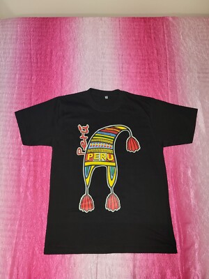 Peru Souvenir Black  Cotton T Shirt Men / Women Medium Peruvian Hat Chullo Print