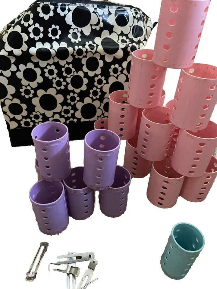 Rodillos rizadores de vinilo vintage años 60 1968 estuche margaritas blanco y negro como está Foto 2 de 4