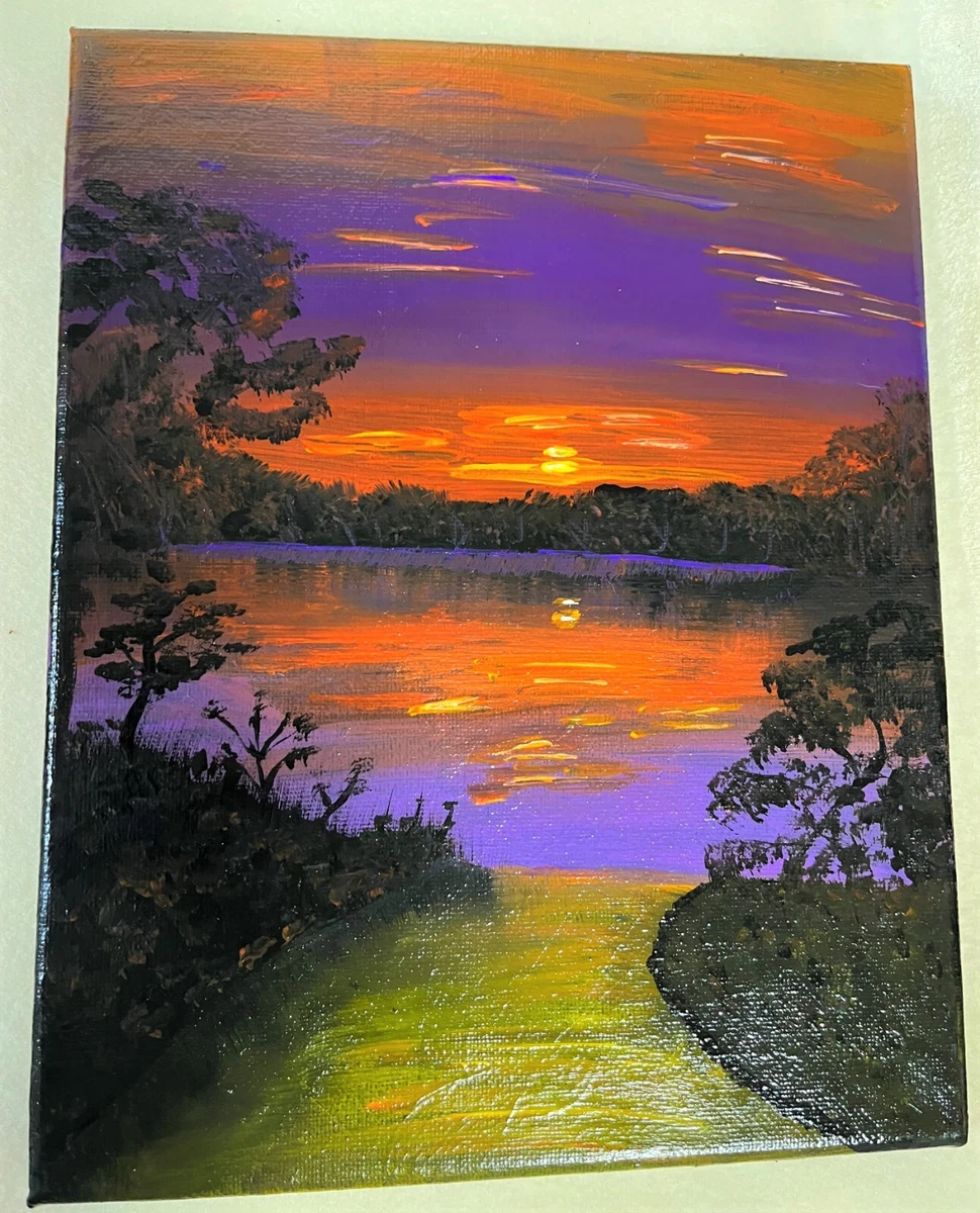 Handmade 8X10 Acrylic Stretch Canvas Painting - Purple Sunset