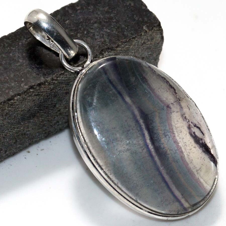 925 Silver Plated Rainbow Fluorite Ethnic Pendant 1.8 Inch Jewelry JW