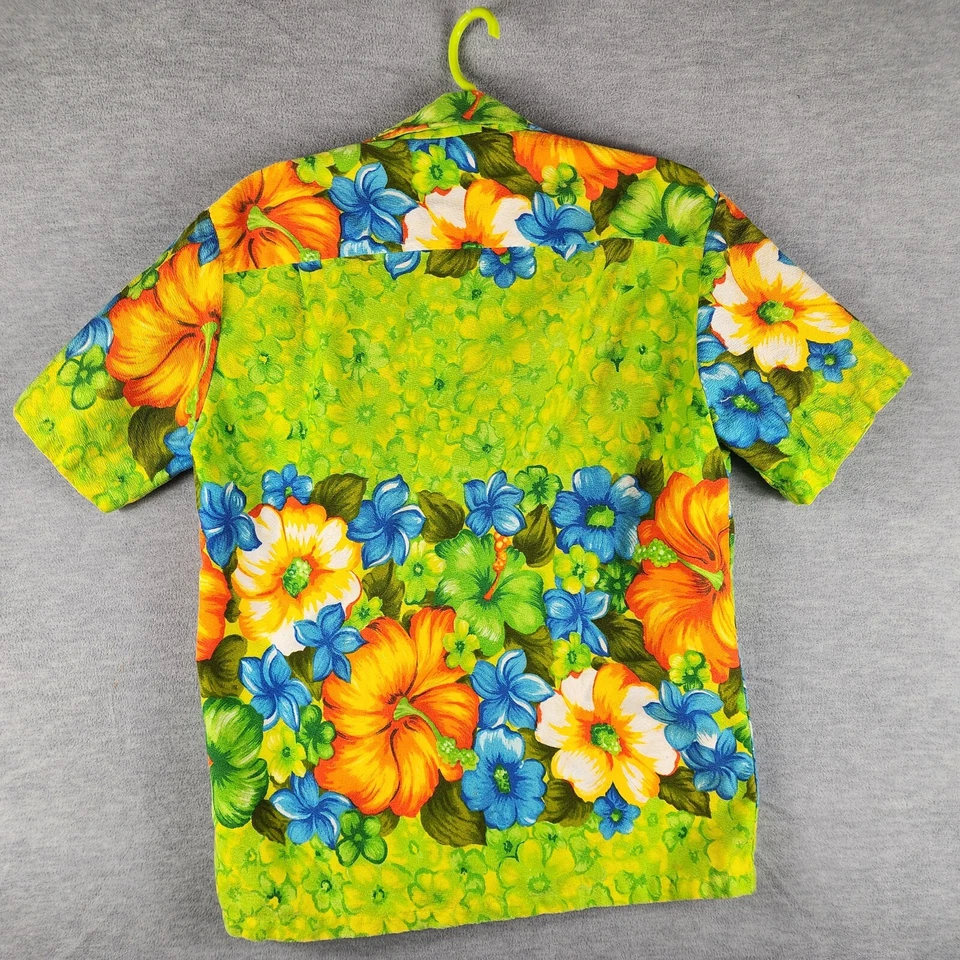 Sears Vintage Green Blue Orange Bright Floral Barkcloth Hawaiian Shirt M 70's - Image 2 of 4