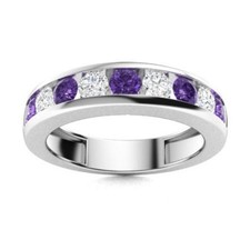 925 Sterling Silver Channel Set 4MM Round Amethyst Half Eternity Band Women Ring
