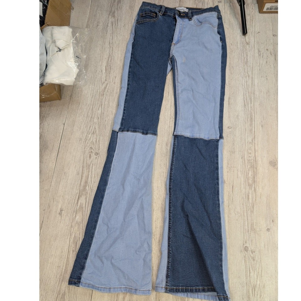 Ghanda Two Tone Patchwork Flare Jeans Size 8 Blue Denim High Rise Bell Bottoms