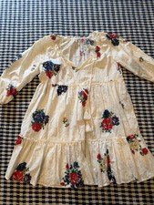 Tory Burch Ivory Floral Tiered Peasant Dress with Tassel Tie Size M