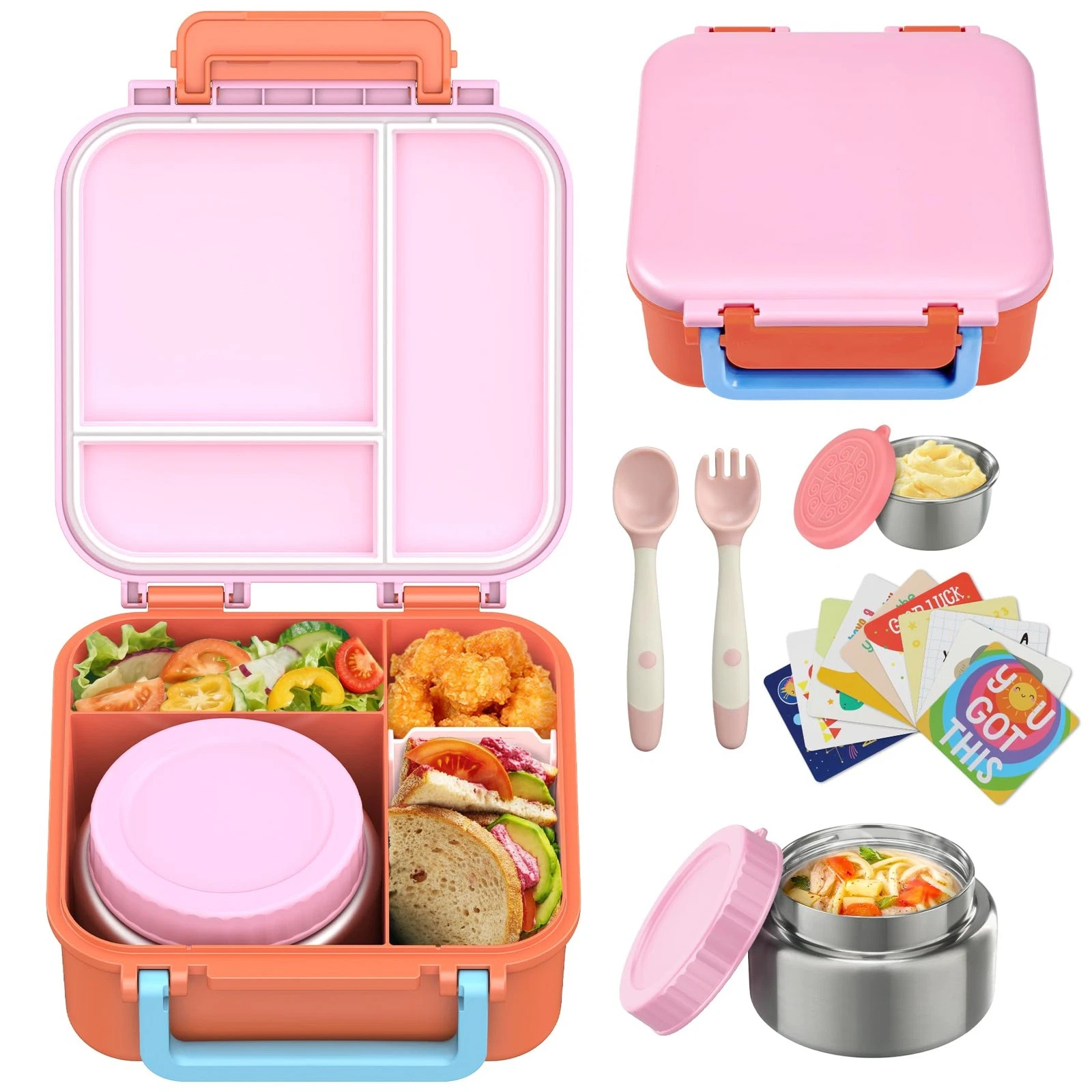 Kids Bento Lunch Box with 9oz Soup Thermo Leakproof Lunch Food Containers 4 C...
