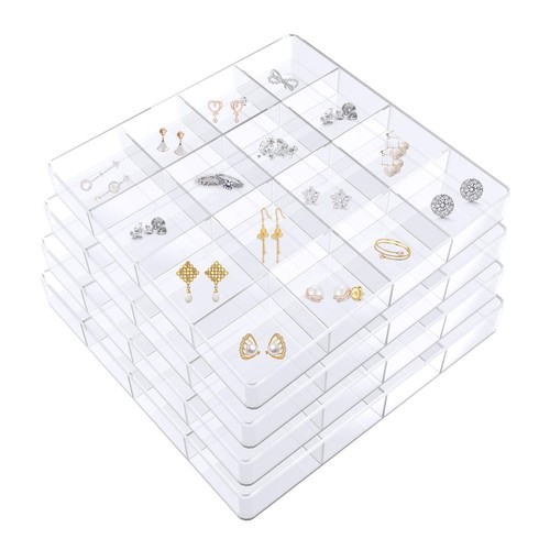 4 PCS Stackable Jewelry Organizer Tray, Plastic Storage Box 16 Grid, Clear Or...