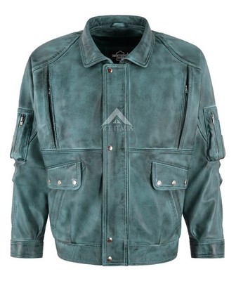 Herren Bomber Oversized Lederjacke Himmelblau Gewachst Mehrere Taschen Reißverschluss Jacke
