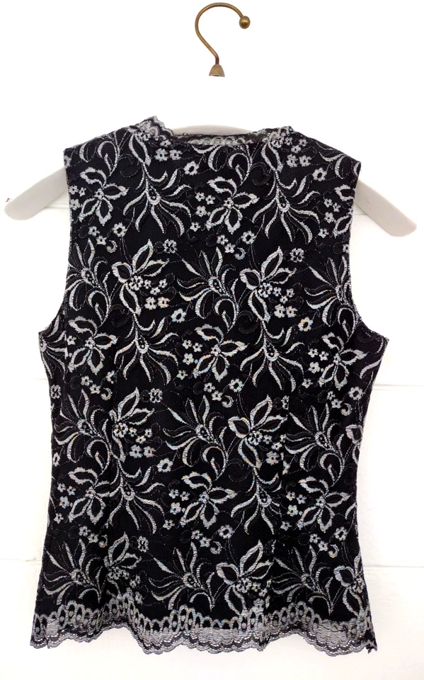 Винтажный 90-х Y2k Spiegel резинке Майка черный серебряный цветочный кружева v-образным вырезом фея вечеринки - Изображение 2 из 4