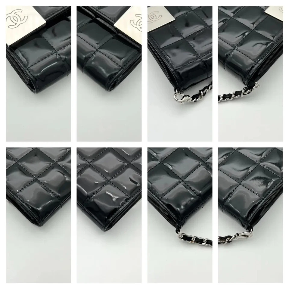 Bolso de hombro DDP CHANEL charol barra de chocolate cadena negro plata herrajes Foto 3 de 4