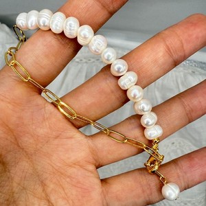 Authentic Natural Freshwater Pearl Bracelet Handmade Beaded 14K Gold Plated Paper Clip