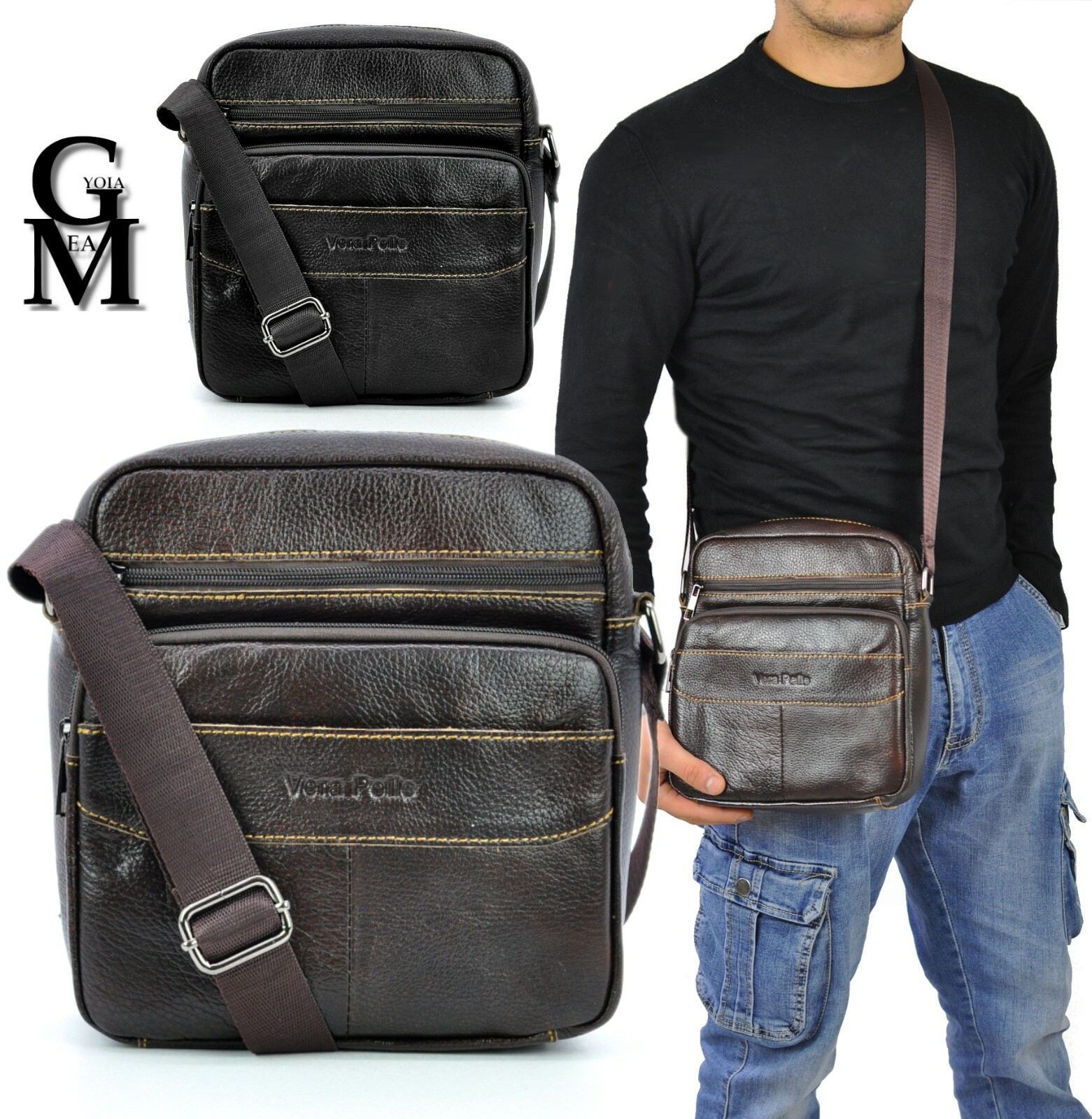 Gyoiamea zip borsello uomo tracolla tasche zip vera pelle lavoro vinta