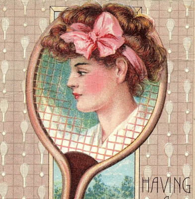 c1910 Pretty Woman's Head Inside Tennis Court Racket Postcard Having A Fine Time