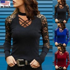 Sexy Womens V Neck T-Shirt Ladies Gothic Casual Lace Long Sleeve Blouse Tops US