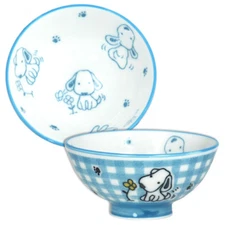 SET of 2 Japanese Children Rice Soup Bowls 4"D Porcelain Blue Dog Made in Japan