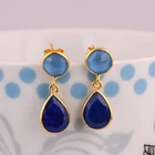 Lapis Lazuli, Blue Chalcedony Gemstone Gold Plated 925 Silver Dangle Earrings