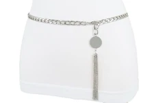 Women Silver Metal Chains Classic Look Narrow Waisted Belt Tassel Circle M L XL