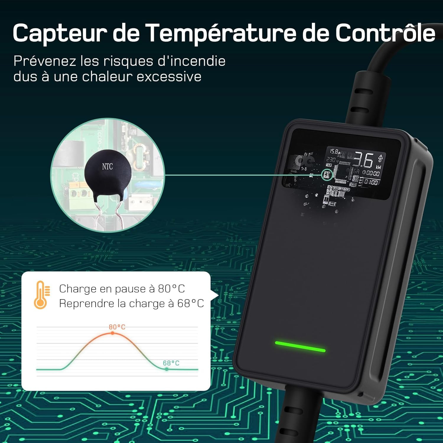 Chargeur voiture électrique réglable 6A-16A avec câble robuste de 6 mètres