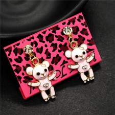 Fashion Women Lovely Pink Enamel Girl Heart Bear Crystal Stand Earrings