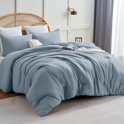  Grayish Blue Comforter Set Queen Size, 3 Pieces Solid Breathable Quilted Boho 