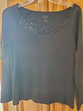 Talbots Women's M Black Sequin Long Sleeve Top Crewneck 100% Cotton