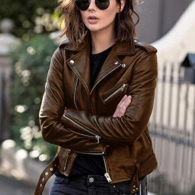 Stylish Brown Genuine Lambskin Leather Women's Jacket Handmade