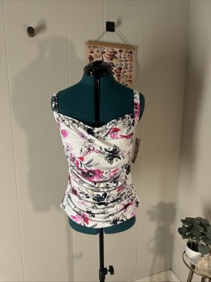 Hapari Floral Merlot Ruched Tankini Swim Top White Tropical Print Women s XL