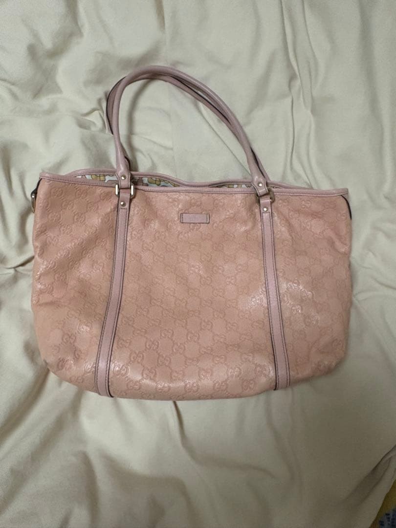 GUCCI Pink Beige Leather Tote Bag with Serial Number, Compact, Used Excellent