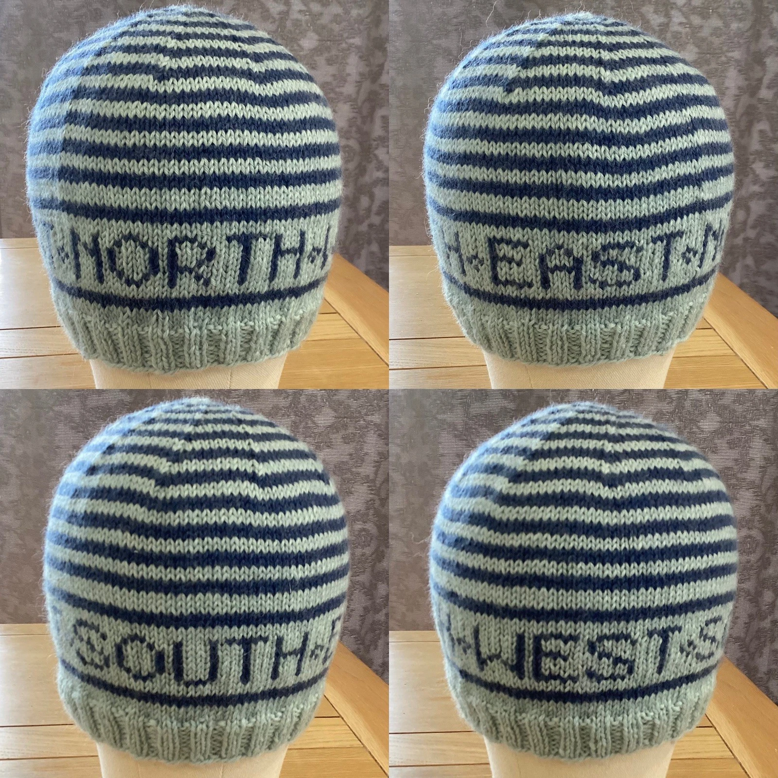 Compass directions fitted beanie men, shades of blue and mint, 75% wool medium