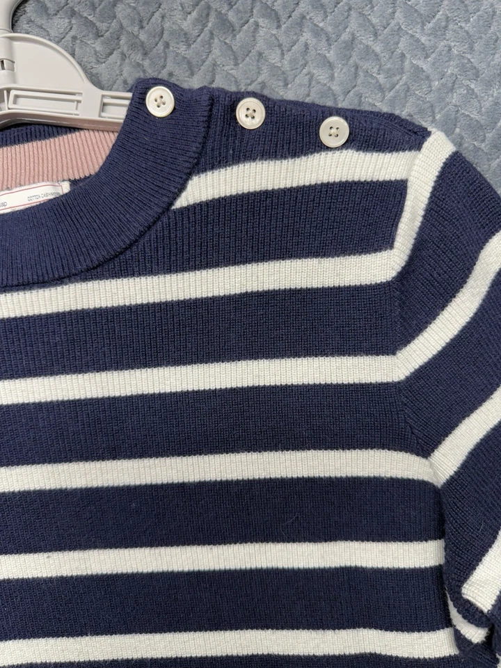 Vestido Suéter Gap M Azul Marino Crema Rayas Pullover Botón Hombro Algodón Cachemira Foto 4 de 4