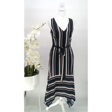 Vince Camuto Womens Size 4 Black Stripe Handkerchief Hem V-Neck A-Line Dress